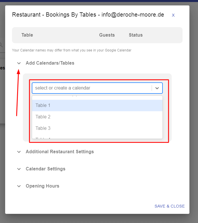 Find a table or create new tables and calendars
