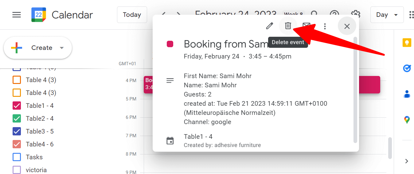 Click on the delete icon to cancel the Google Calendar Event