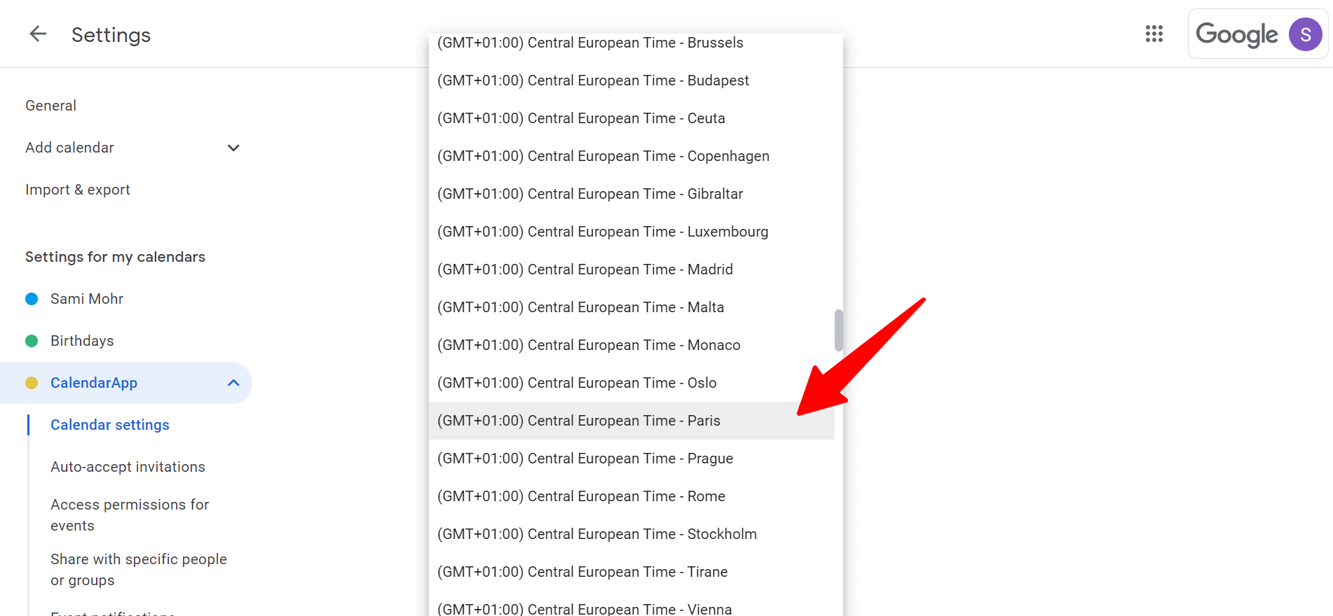 Click the dropdown to change the google calendar timezone