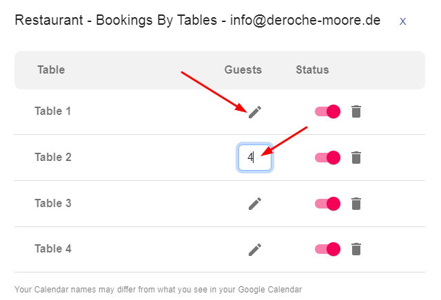 Click the pencil icon next to the table and select how many people can fit at it