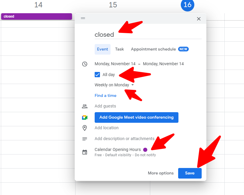Create recurring opening hours for a calendarapp restaurant event
