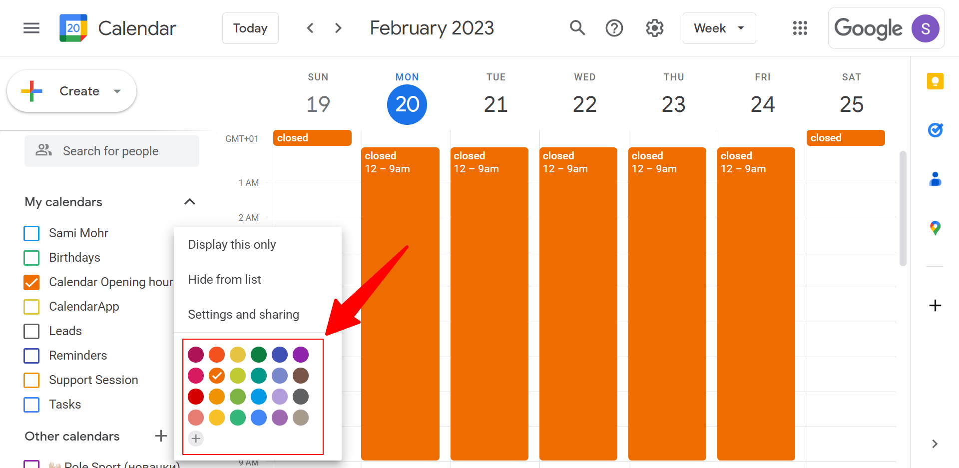 To change the color of your Google Calendar select a color from the available options
