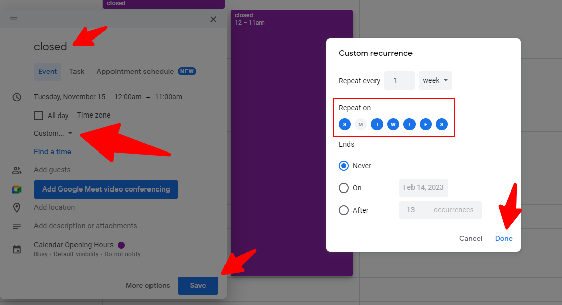 apply custom recurrence for your event