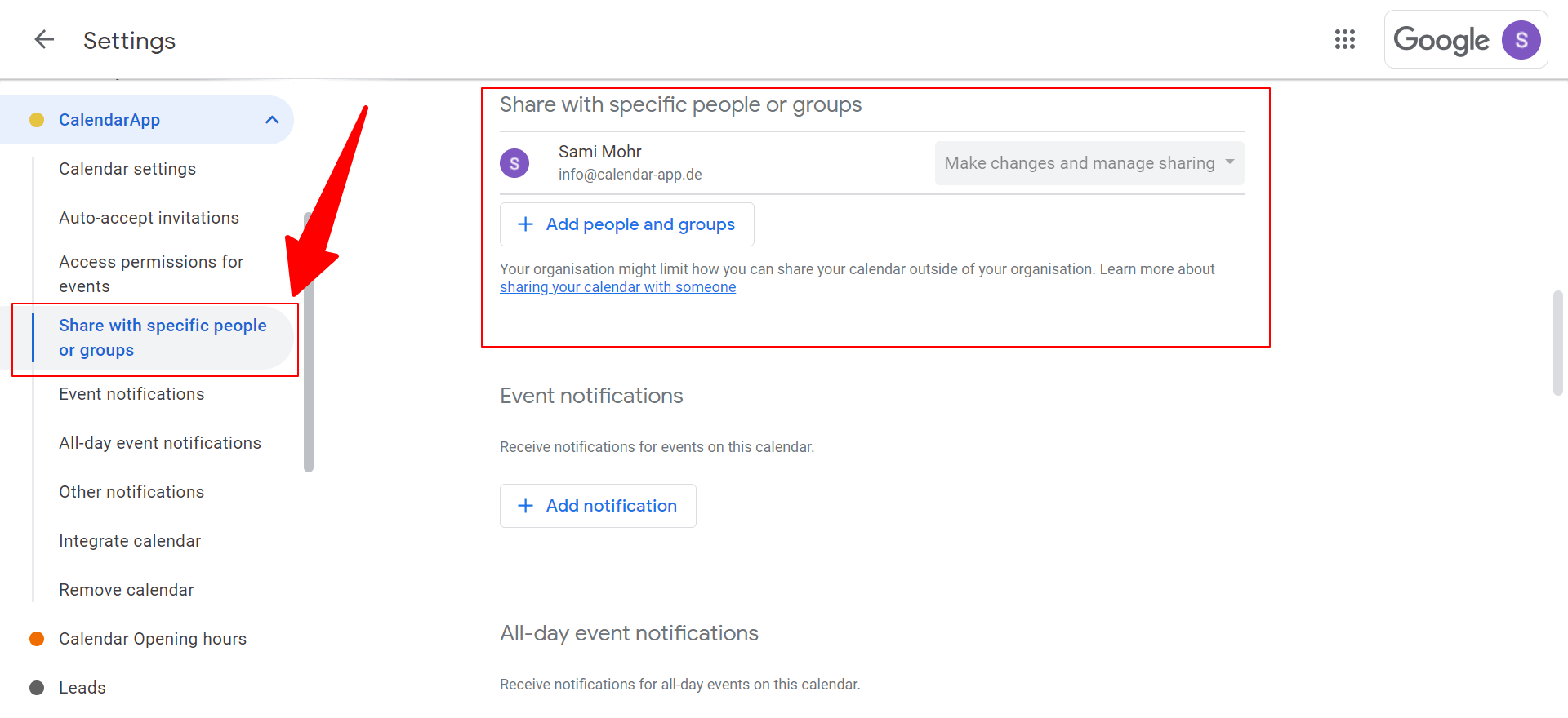 click on Share with specific people