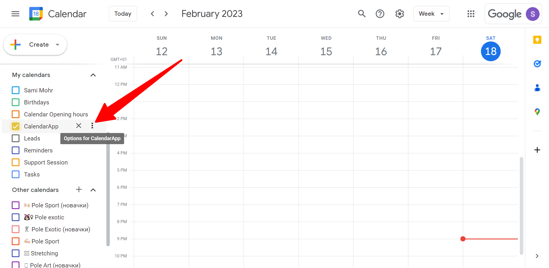 for sharing a google calendar click the three dots next to your calendar's name