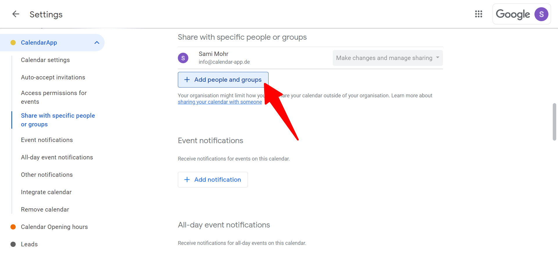 in order to share your google calendar click on share with people or groups