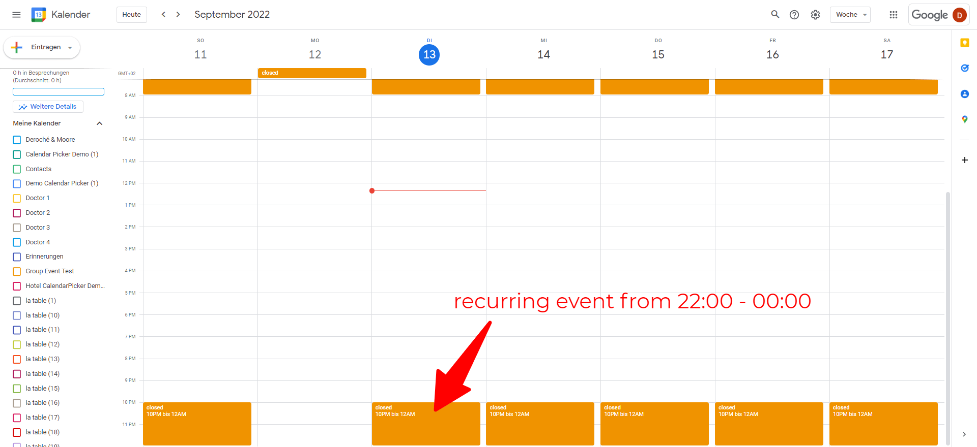 opening hours - create a recurring event from 10PM until 12 AM on weekdays apart from monday which is closed the entire day