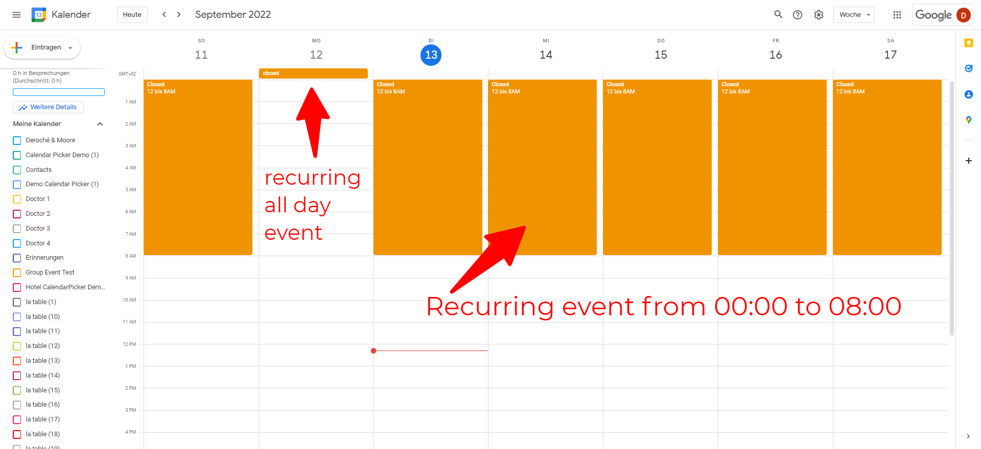 opening hours - create a recurring event from 12AM until 8 AM on weekdays apart from monday which is closed the entire day