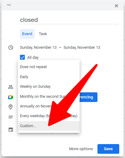 select custom to create your opening hours on the correct days