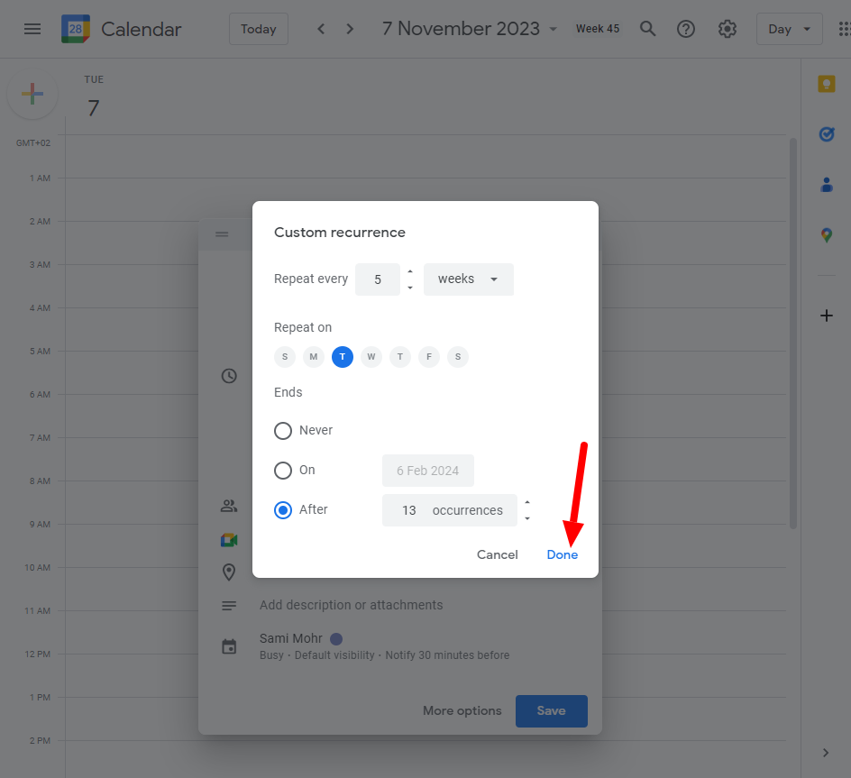 After yout have set your google calendar irregular repeating event click on done