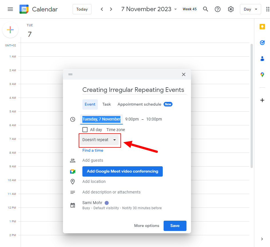 Again click on doesn't repeat to view the the event recurrence settings of the google calendar irregular repeating events