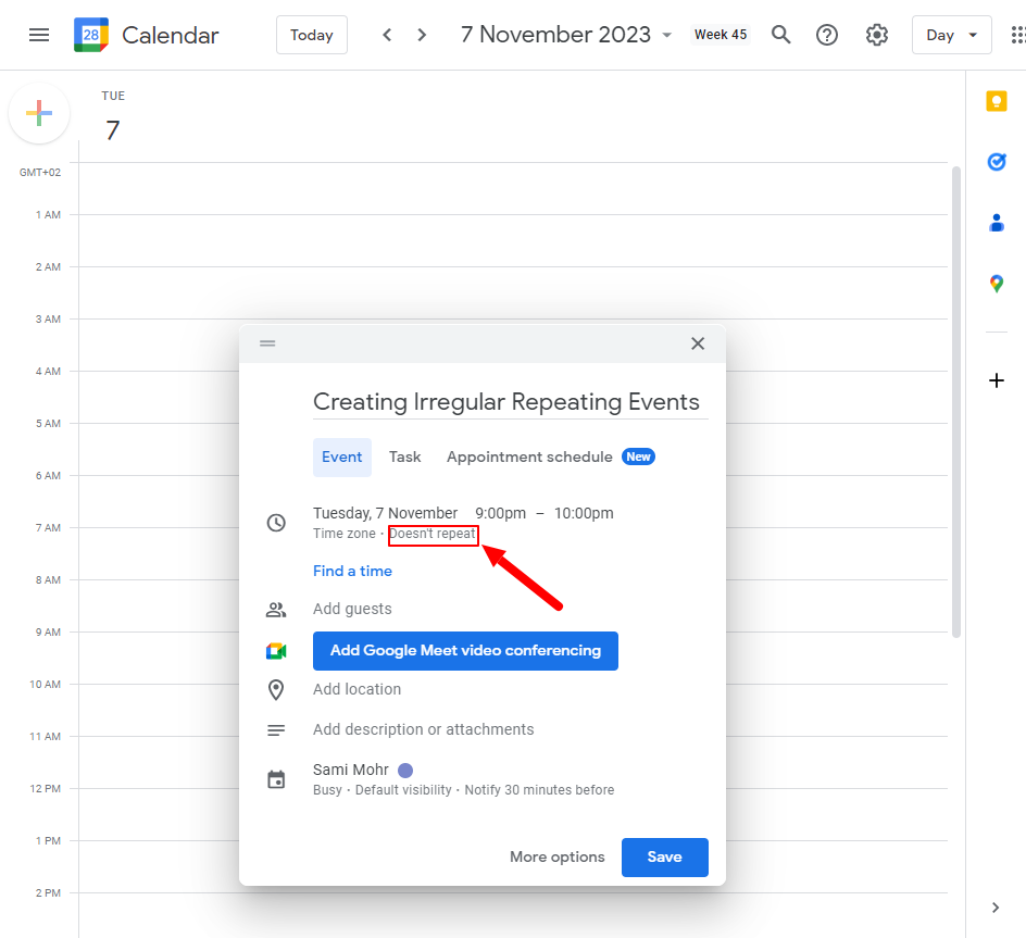 Click on doesn't repeat to activate the event recurrence settings