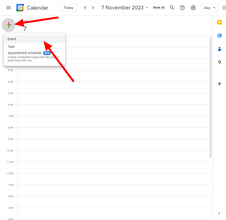 Click on the + icon or select a suitable time slot to create a new event