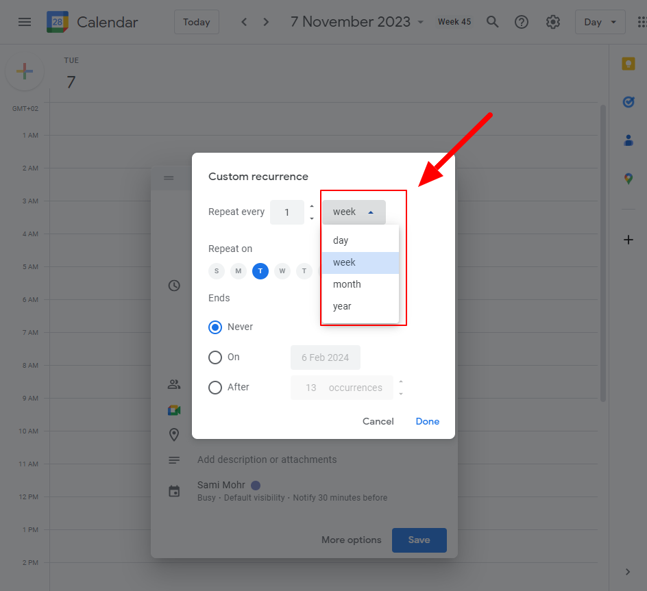 Define Irregular Pattern Choose the days, weeks, or months on which the event should repeat irregularly.