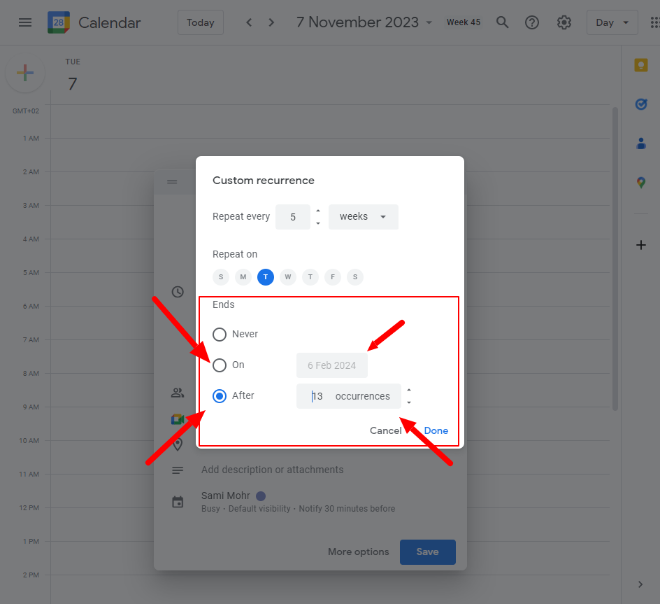 End Date or Occurrence Count Determine the end date or occurrence count for the repeating event.