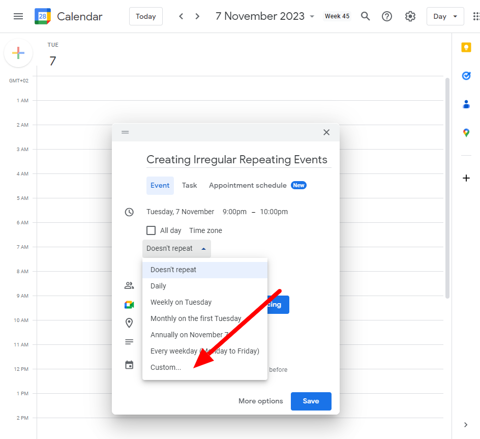Select the Custom... option to access advanced recurrence options