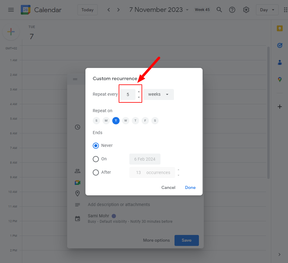 Specify Interval Set the interval between each occurrence, allowing for irregular gaps.