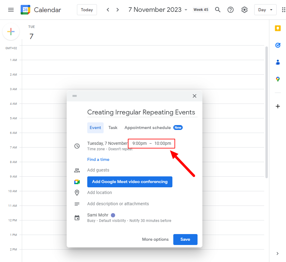 Specify the start and end times for the initial event occurrence