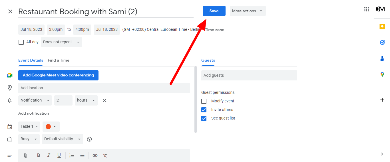 Click Save to send Google Calendar Reminders
