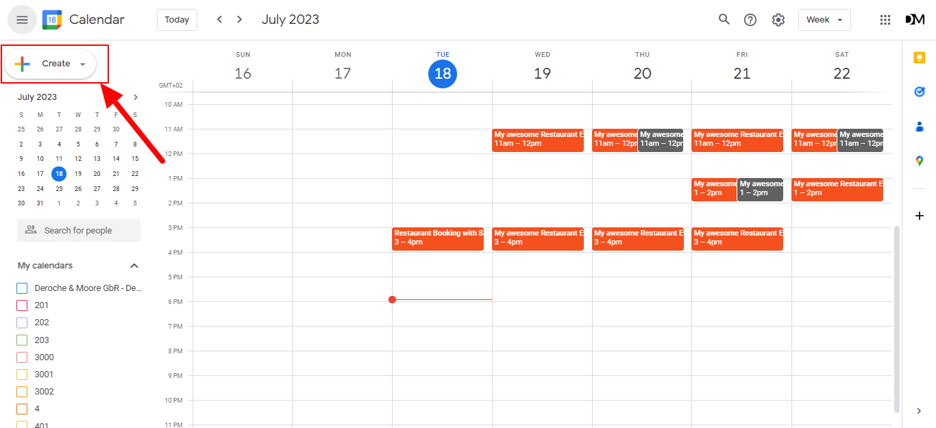 Click on + Create to create a new Google Calendar Event