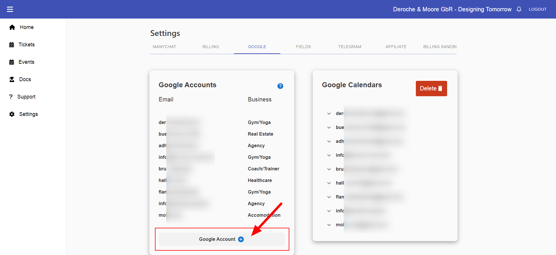 Click on Google Account + to add another Google Account to your calendarApp account