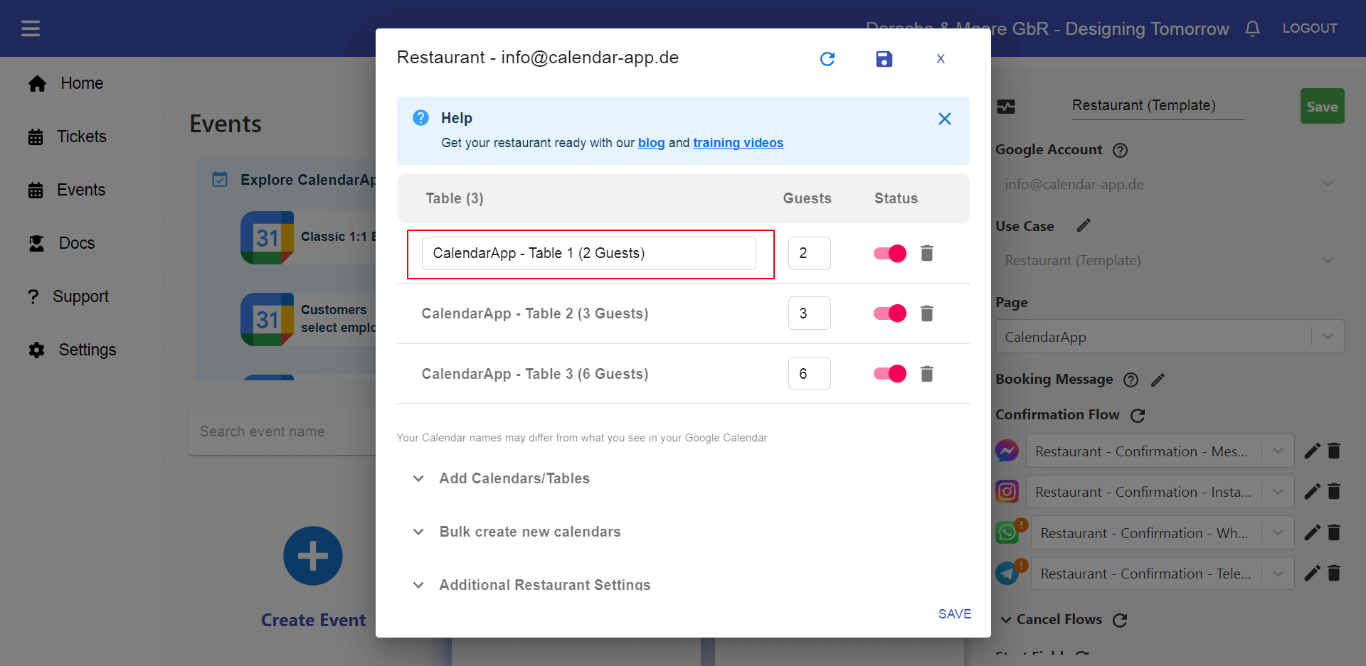 Edit the Name of your CalendarApp Restaurant Tables and Calendars