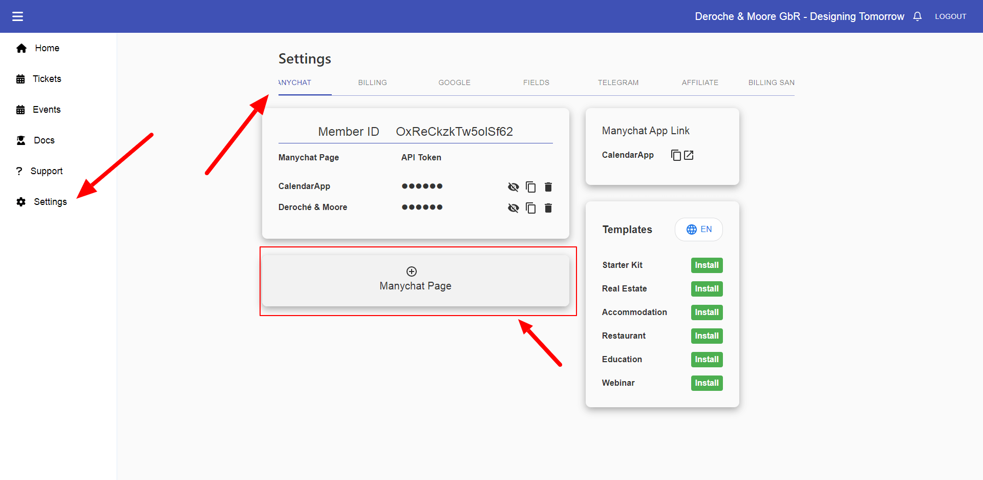 Navigate to Settings Manychat page and click on + Manychat page