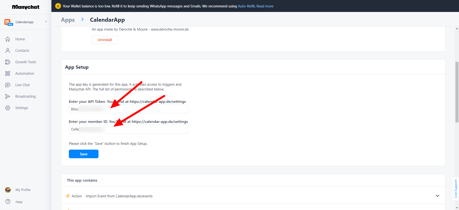 Paste MemberID and API Token into the according fields