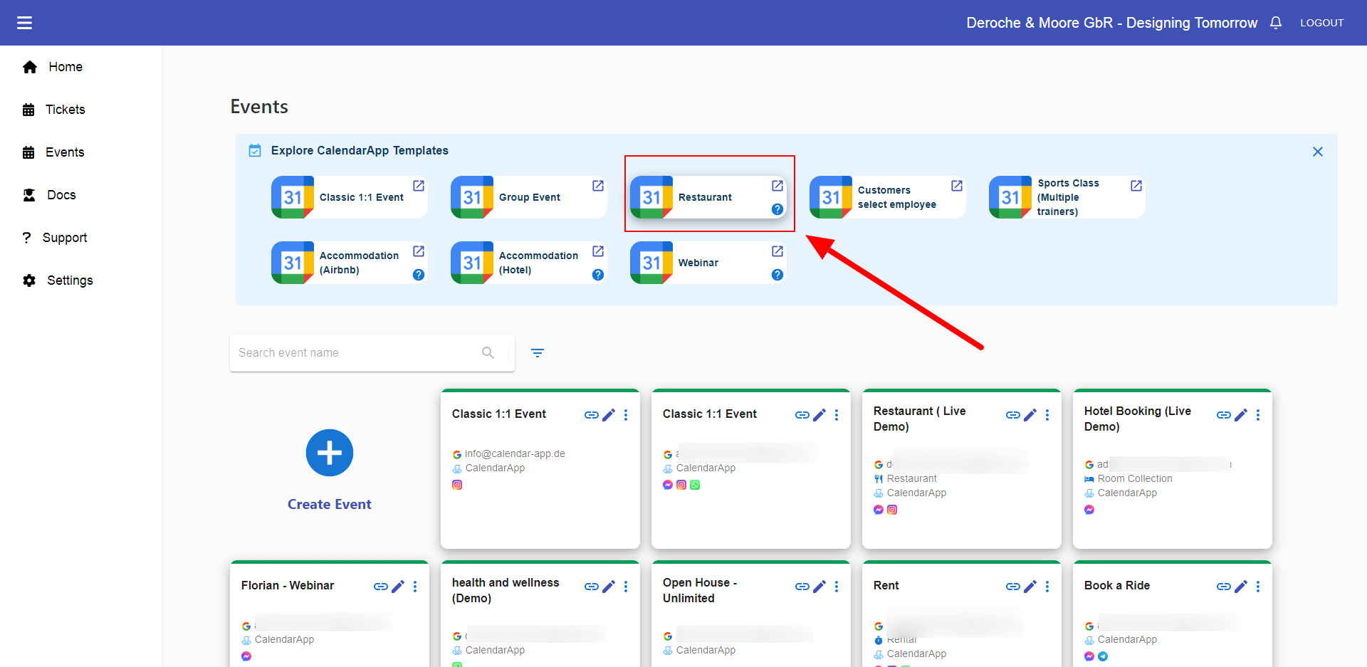 Select the Restaurant CalendarApp Event Template
