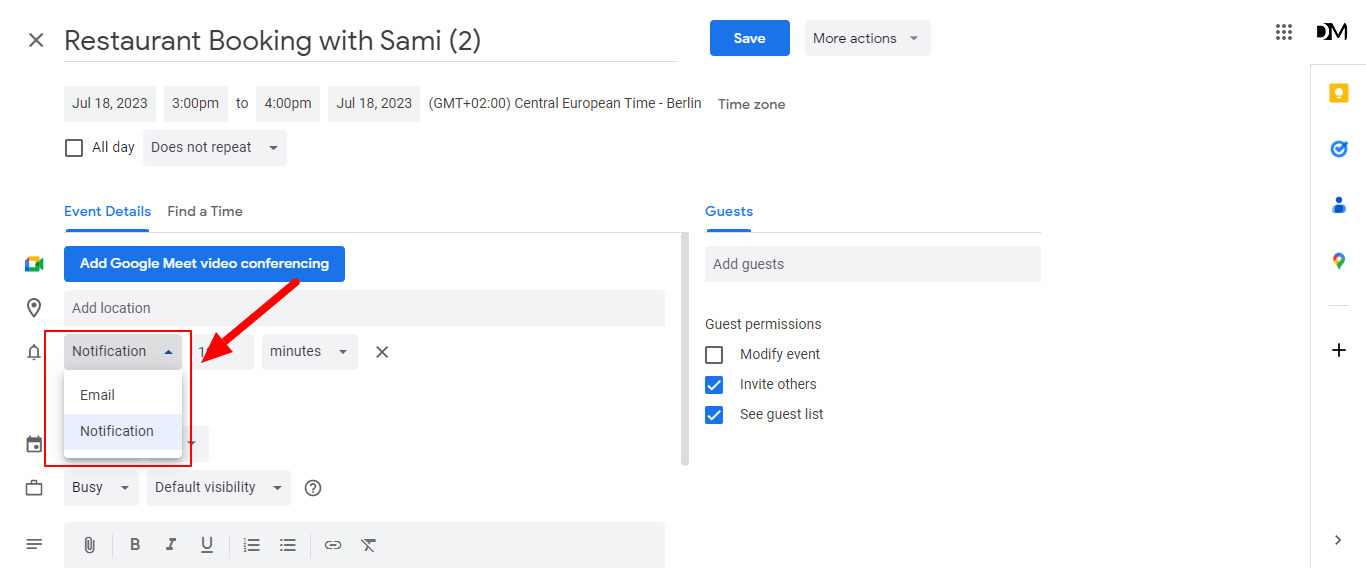 Select your notification type either Notification or reminder
