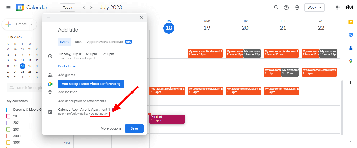 To create a Google Calendar Reminder click on Do not notify