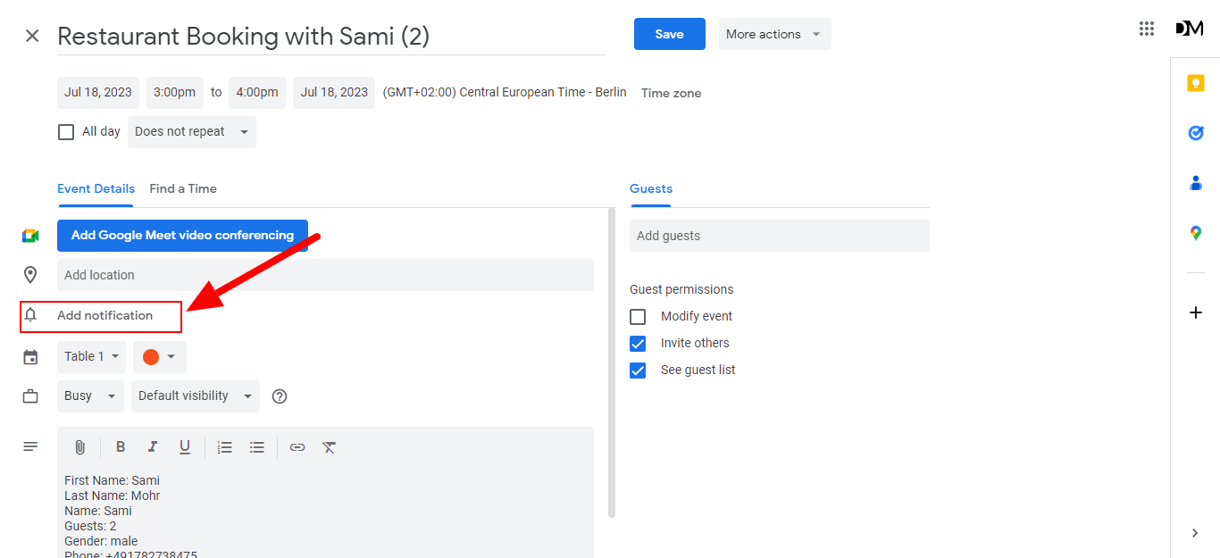 To create a Google Calendar Reminder click on add notification