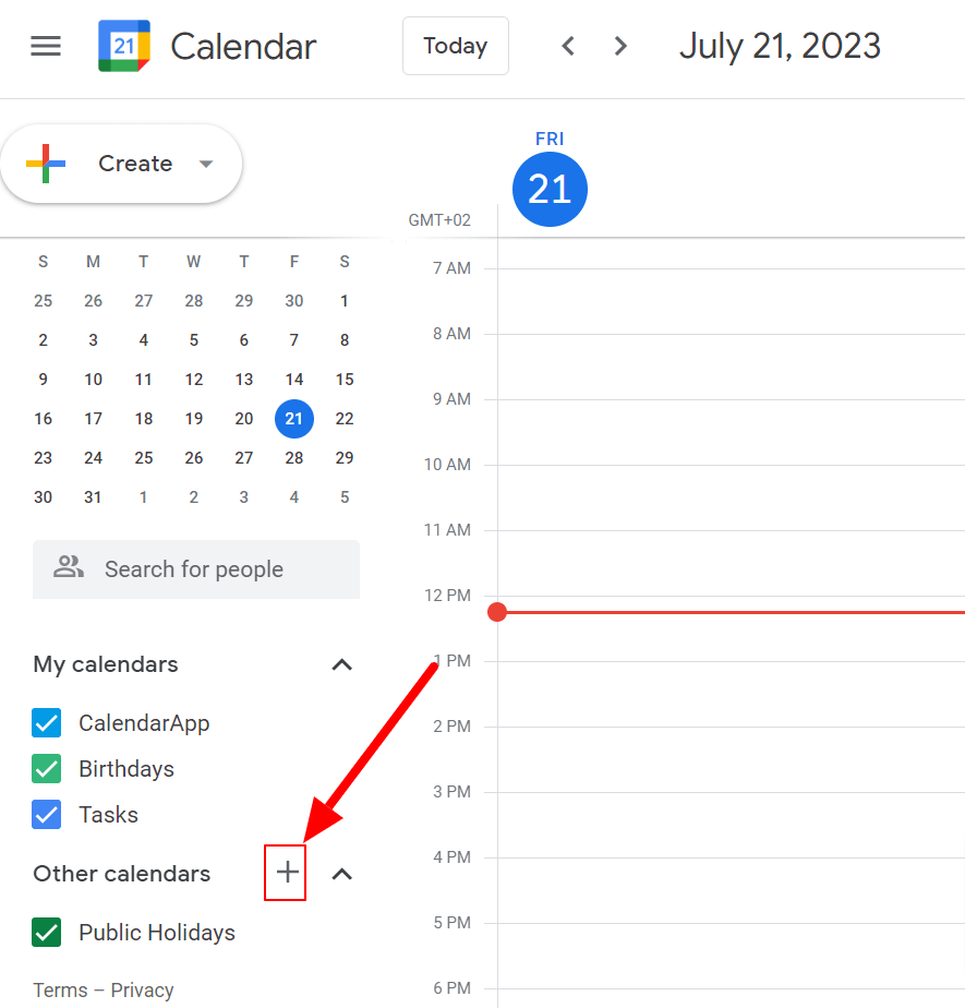 To create a new Google Calendar click on the plus icon next to Other Calendars