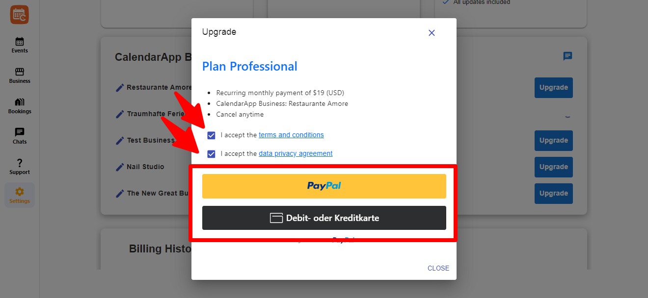 PayPal checkout screen to activate CalendarApp subscription