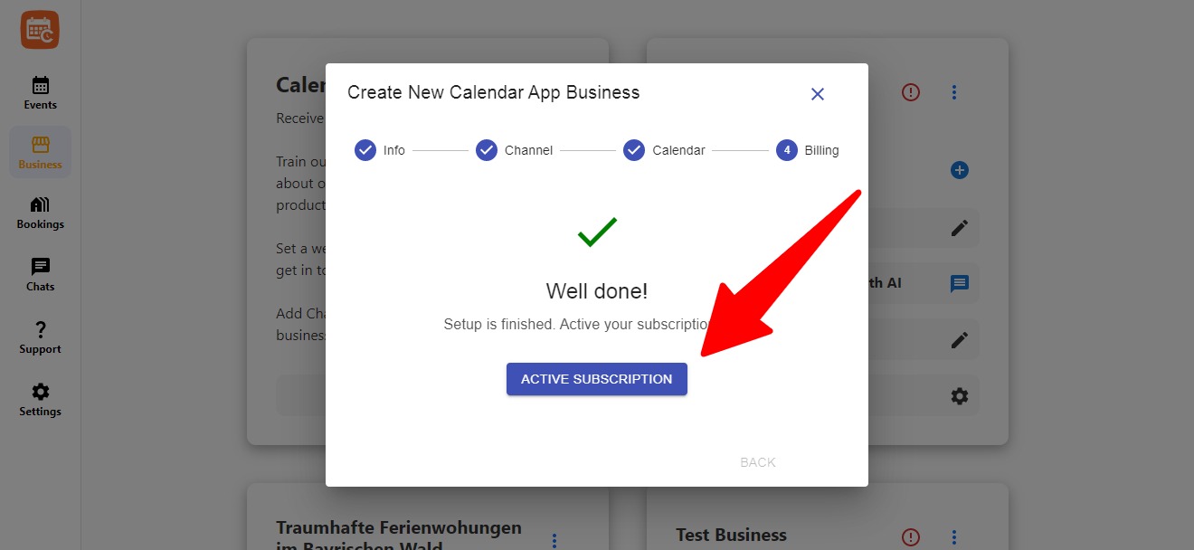 Confirmation screen after successfully activating a subscription