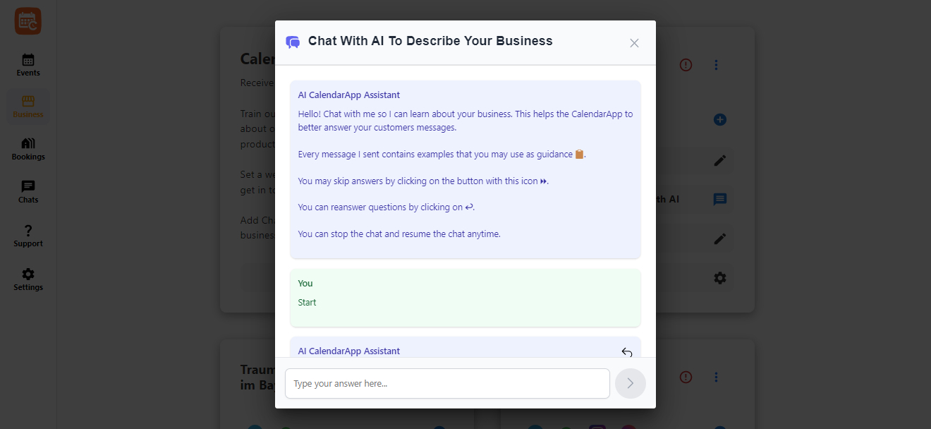 Chat interface used to train the CalendarApp AI assistant