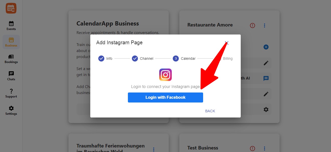 Prompt to log in with Facebook to connect an Instagram page
