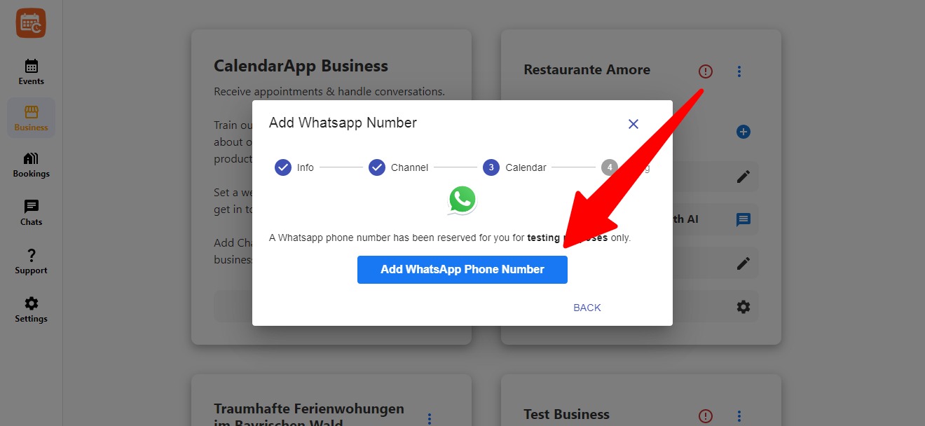 Instructions for connecting a WhatsApp number using the WhatsApp Business App