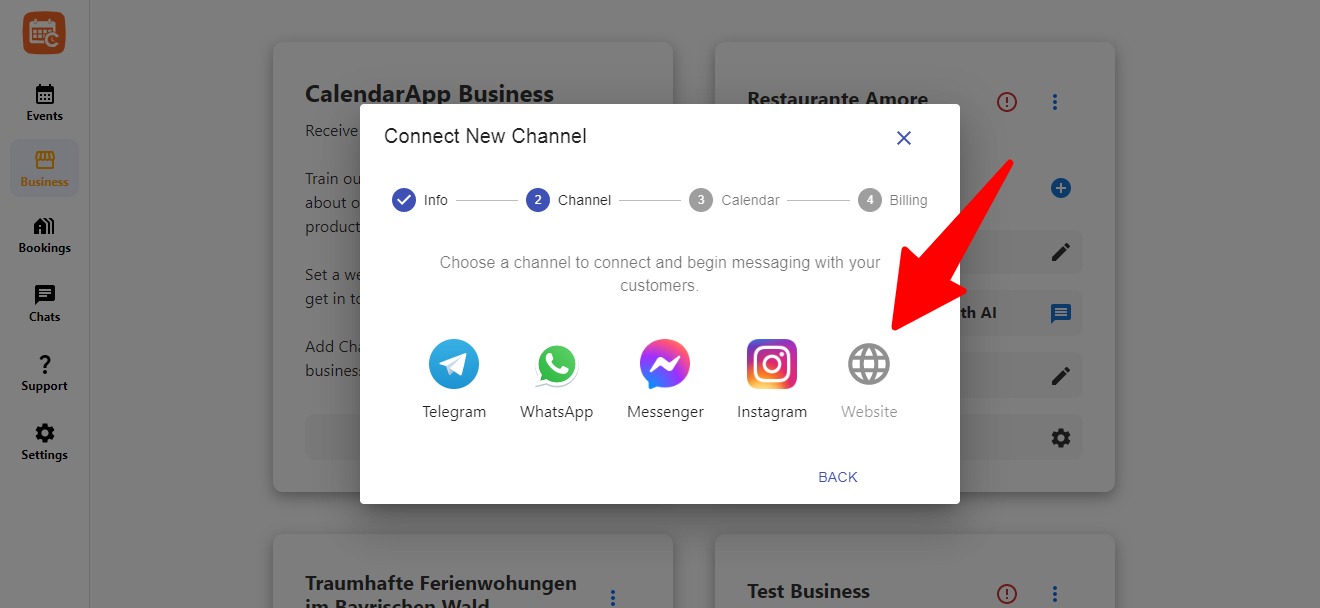 User selecting a messaging channel to connect with CalendarApp