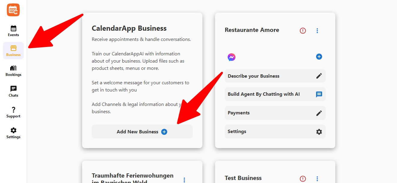 Interface showing the first step to create a new CalendarApp business