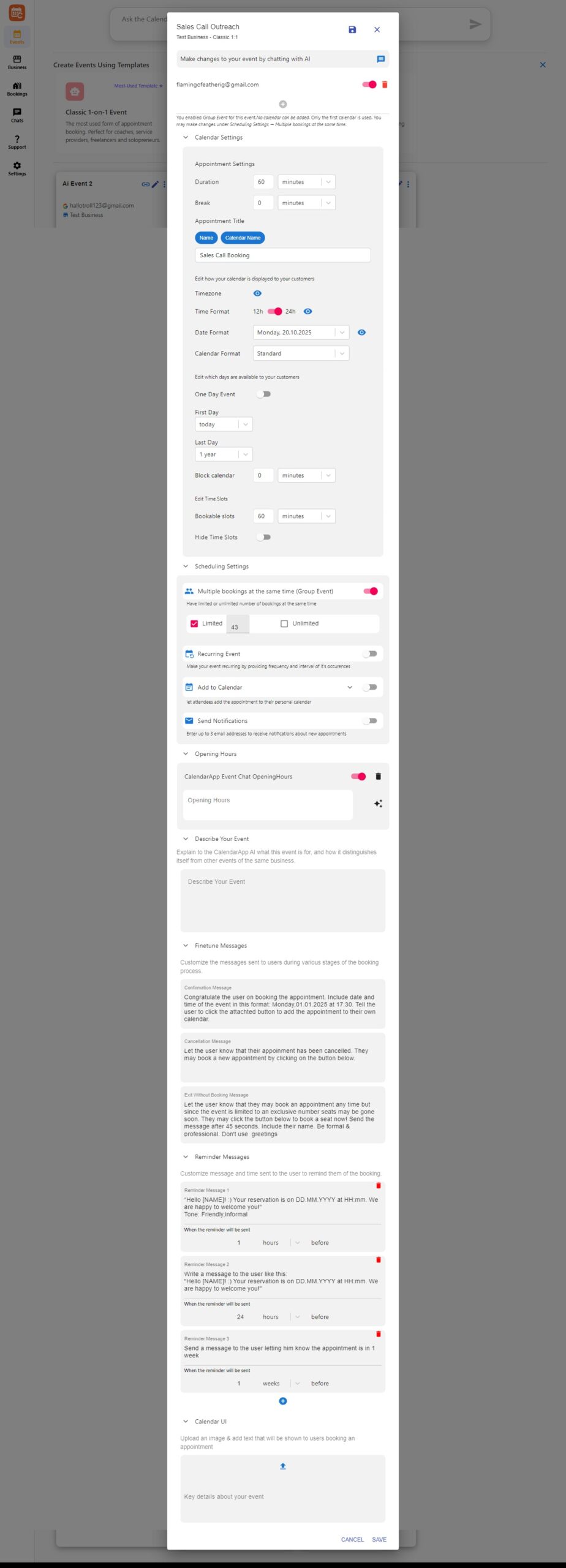 Complete view of editable event settings inside CalendarApp