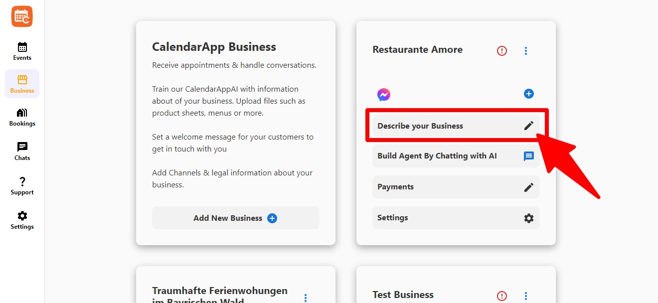 Edit option to describe your business and train the AI