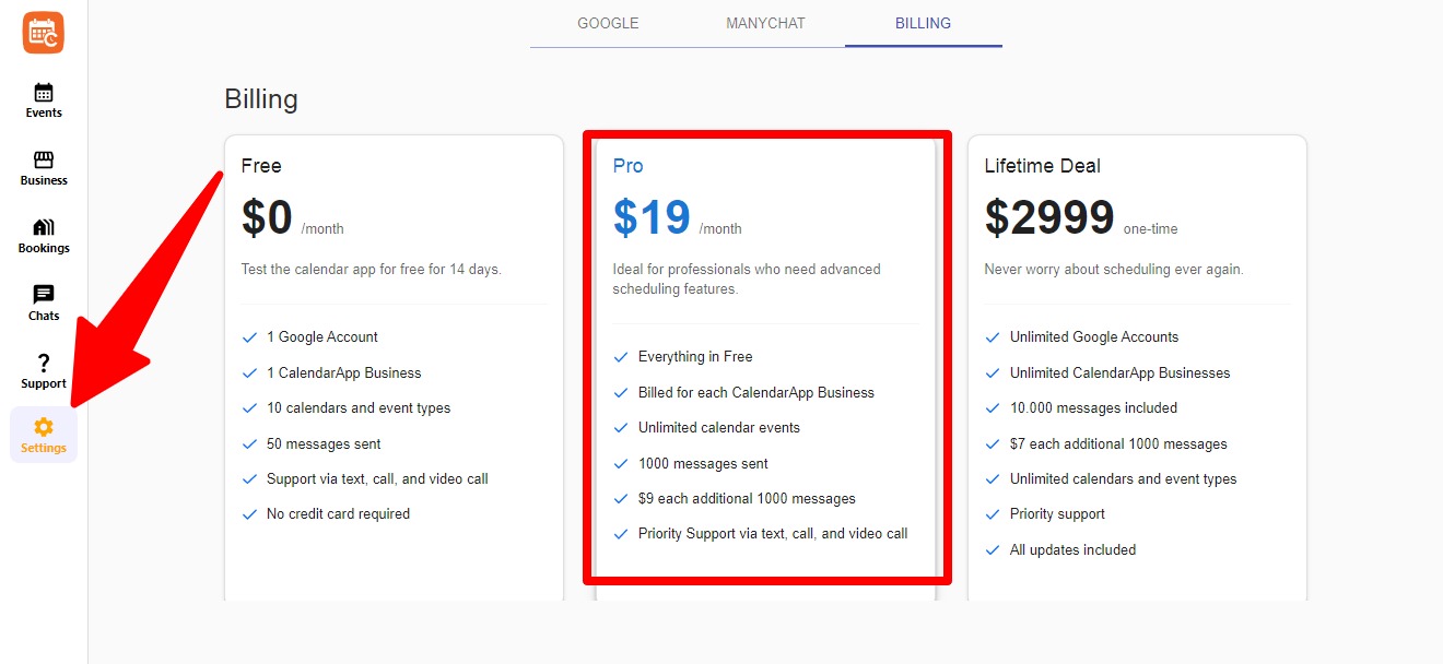 User selecting the Pro subscription plan in billing settings