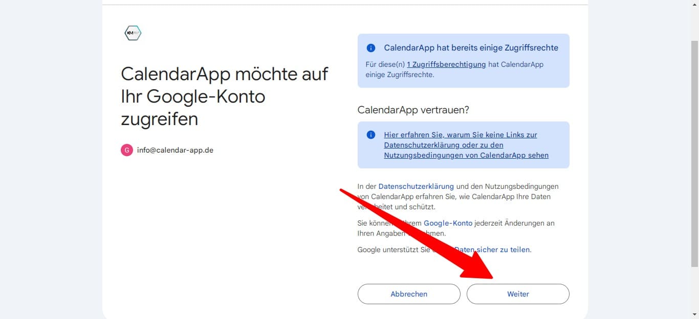 Click continue to authorize your google calendar