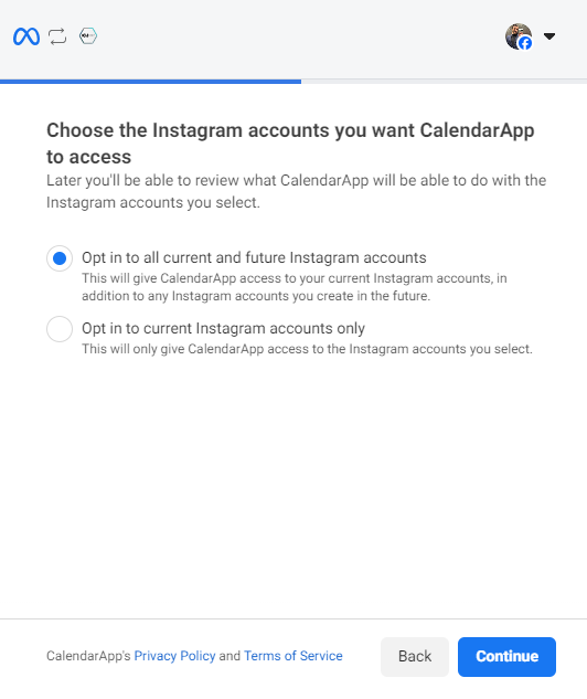 Click continue to grant calendarapp access to your instagram pages