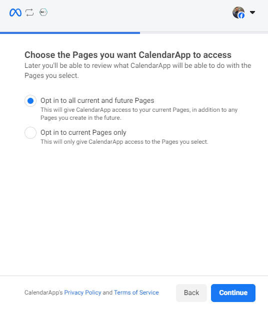 Click continue to opt in with all connected pages