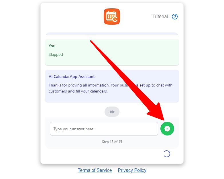 Click on the green circle to finish training to your calendarApp Ai Agent