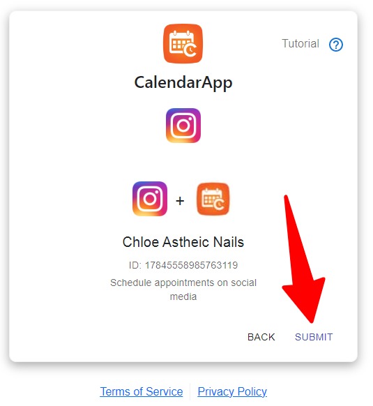 Click submit to add the instagram page to your calendarapp business