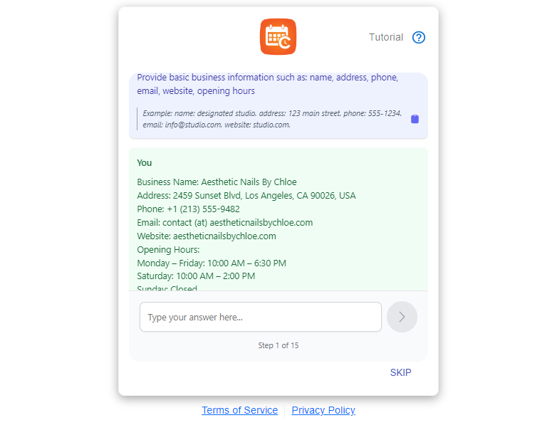 Example of basic information provided of a nail studio