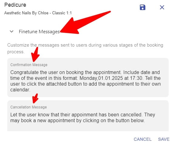Finetune confirmation and cancellation messages